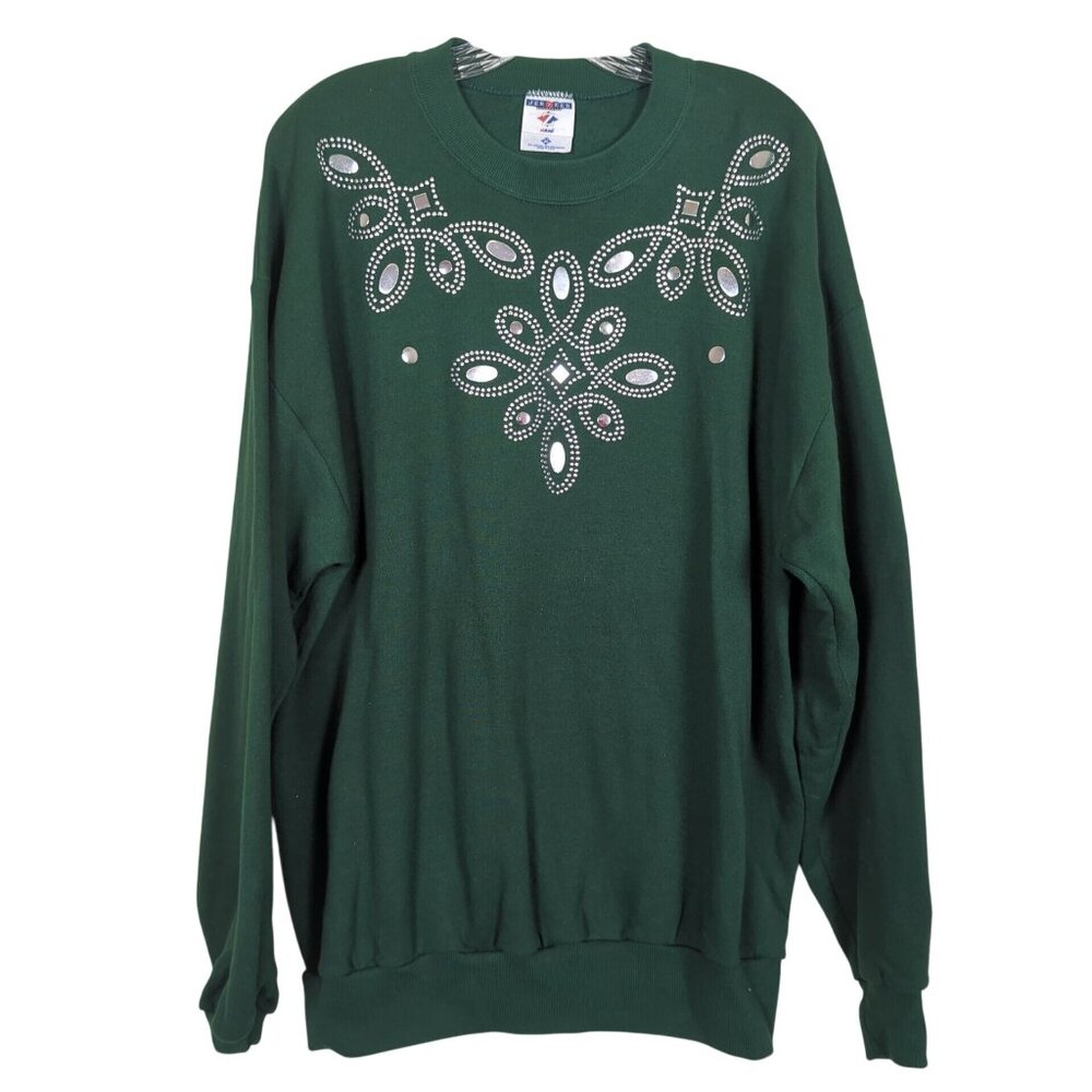 Vintage Jerzees Activewear Sweatshirt XL Green Rhinestone Embellished Crewneck